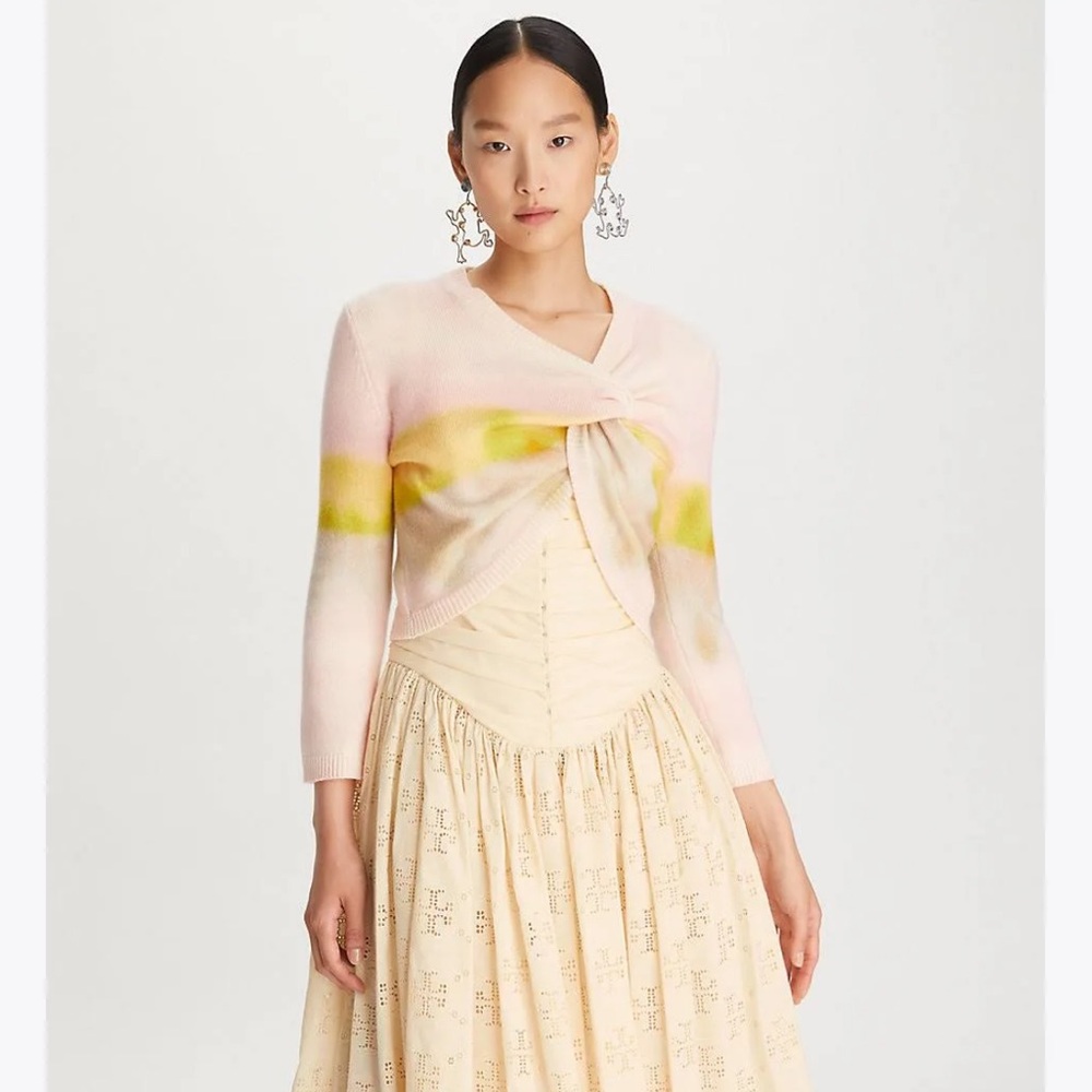 Tory Burch Dip-Dye Cashmere Shrug Sweater in Pink & Yellow, Size XS